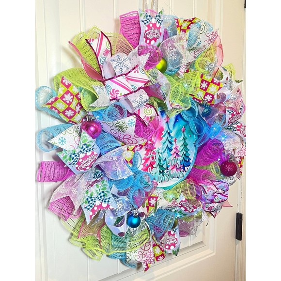 Handmade Bright Merry Christmas Holiday Ribbon Door Wreath 22 ins W52 Pink Blue - Picture 5 of 13